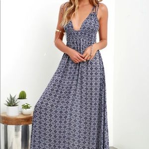 Lulus Navy Blue Print Tie-Strap Maxi Dress